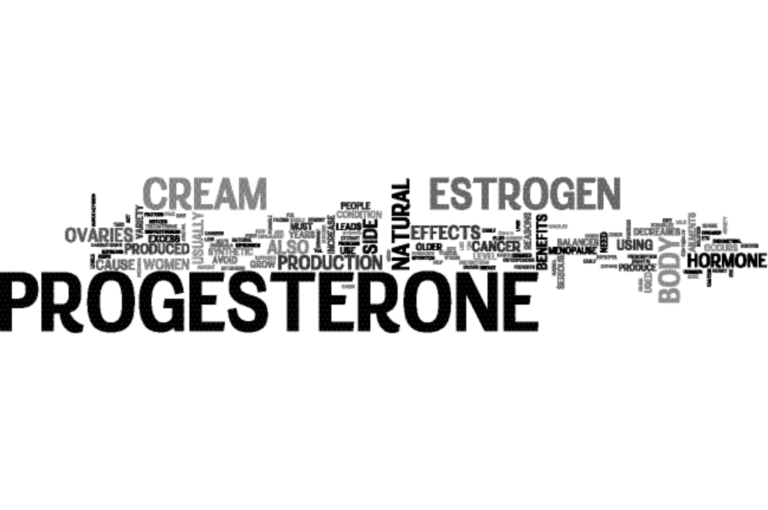 Progesterone and estrogen hormone word cloud showing natural hormone therapy terms for women's health and perimenopause treatmen