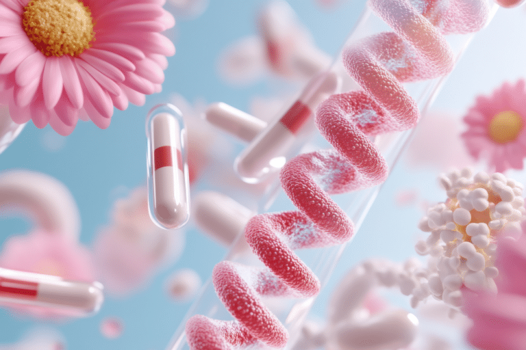 DNA strand surrounded by flowers and pills for hormone therapy concept