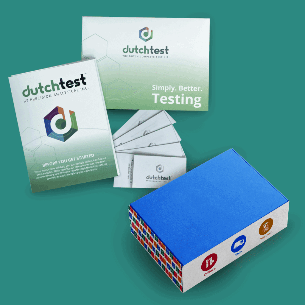 Complete DUTCH hormone testing kit and GI360 Essentials gut testing kit with collection materials and shipping box - easy at-home hormone and gut testing solution