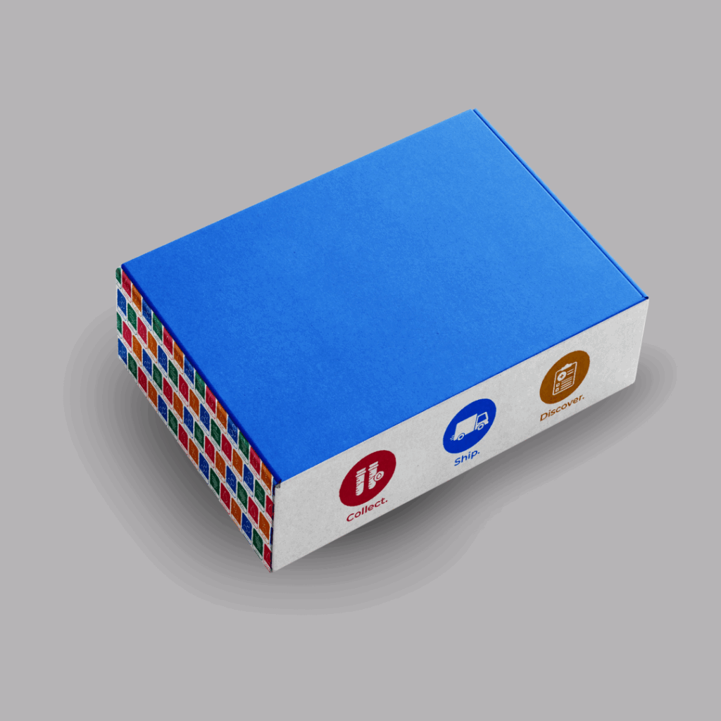 GI360 Essentials Gut Health test kit packaging - blue and white box with collect, ship, discover icons for at-home gut testing