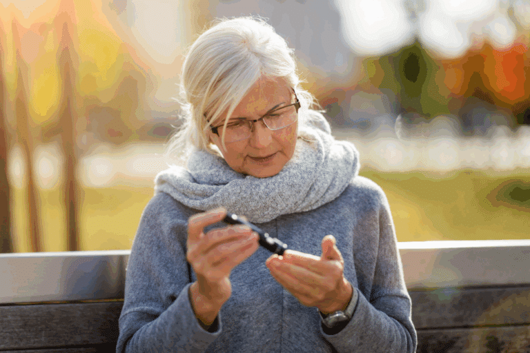 Middle-aged woman with gray hair wearing glasses checking blood glucose levels outdoors, representing lean diabetes monitoring in midlife women