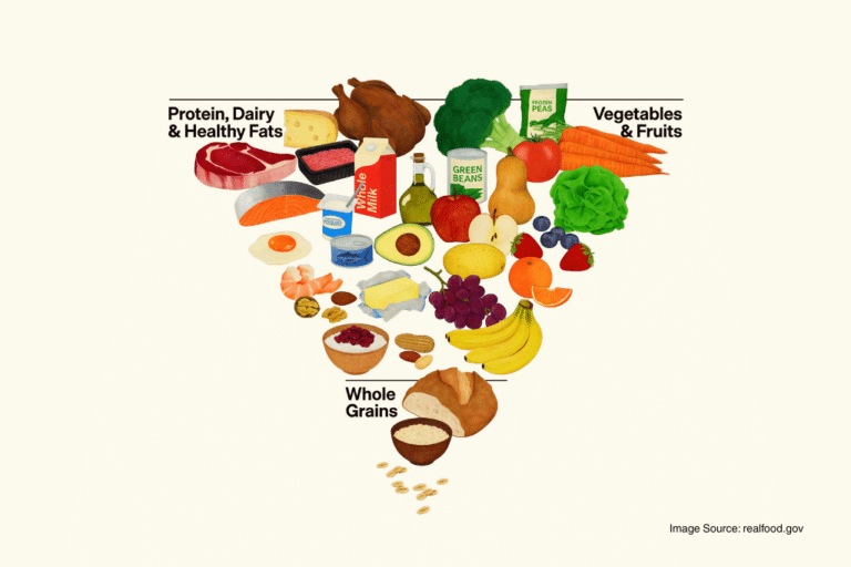 Inverted food pyramid showing 2025 dietary guidelines with protein and dairy at top, vegetables and fruits in middle, and whole grains at base