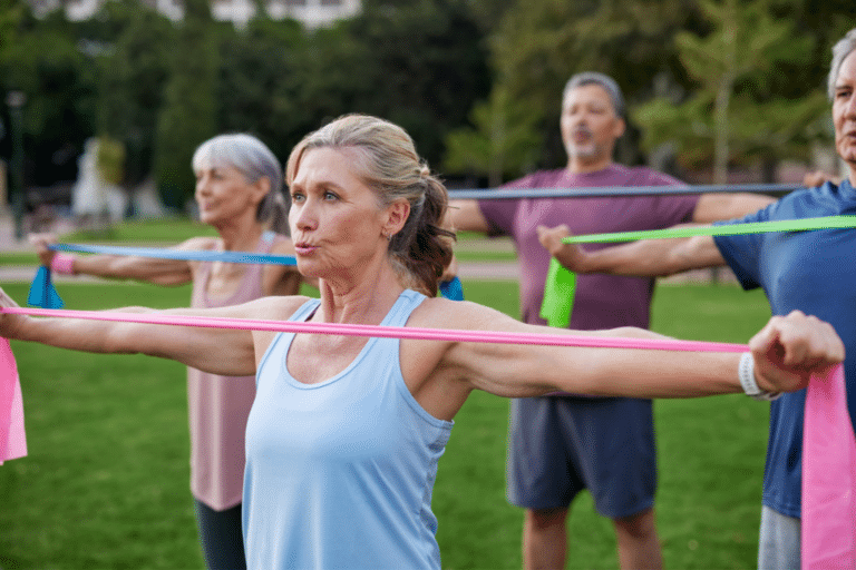 Midlife women doing resistance band strength training exercise outdoors for longevity and healthspan