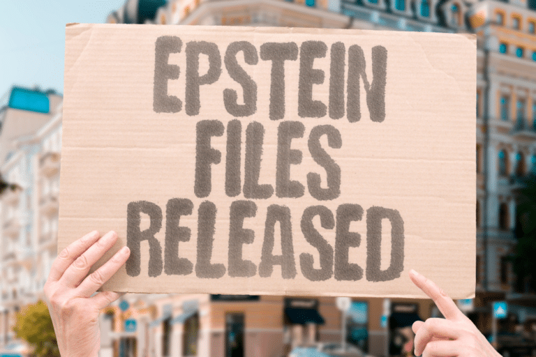 Hands holding protest sign reading "Epstein Files Released" at outdoor demonstration about accountability and trust in healthcare