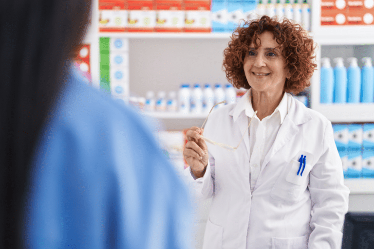 Female pharmacist in white lab coat consulting with a patient about menopause hormone therapy options in a pharmacy