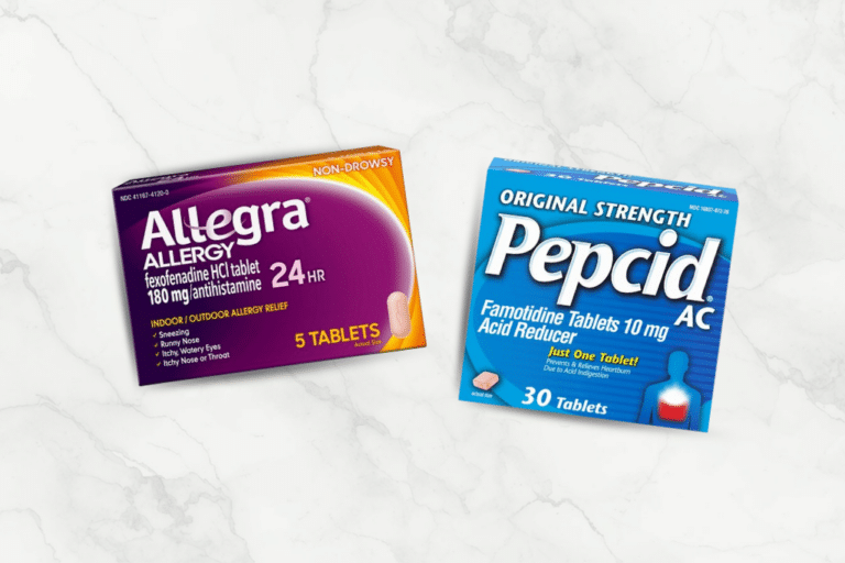 Allegra and Pepcid AC boxes side by side — antihistamines women are using for menopause and histamine intolerance symptoms